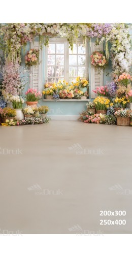 Tło fotograficzne „Wiosenne okno z kolorowymi kwiatami” | E628